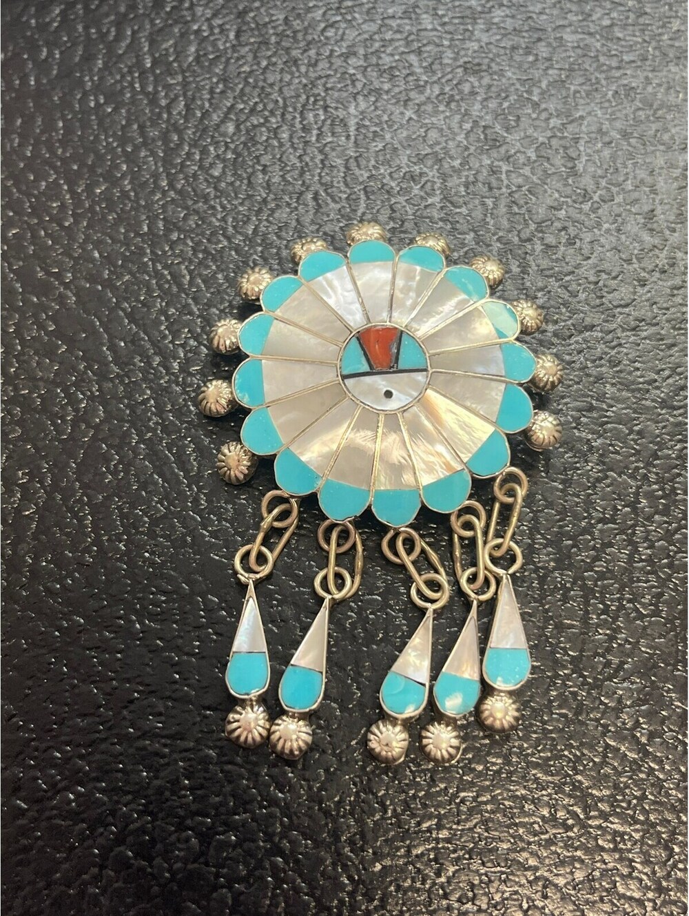 Zuni handmade sterling silver turquoise sun face pendant